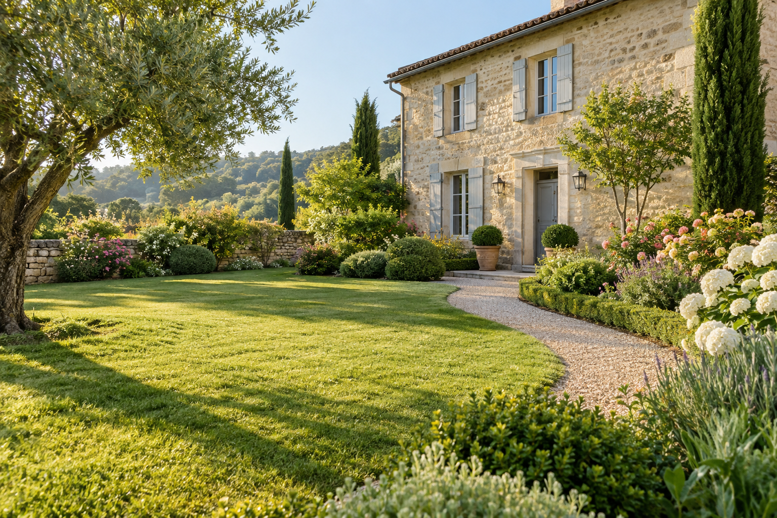 Jardin entretenu devant une maison de campagne — illustration d’ambiance